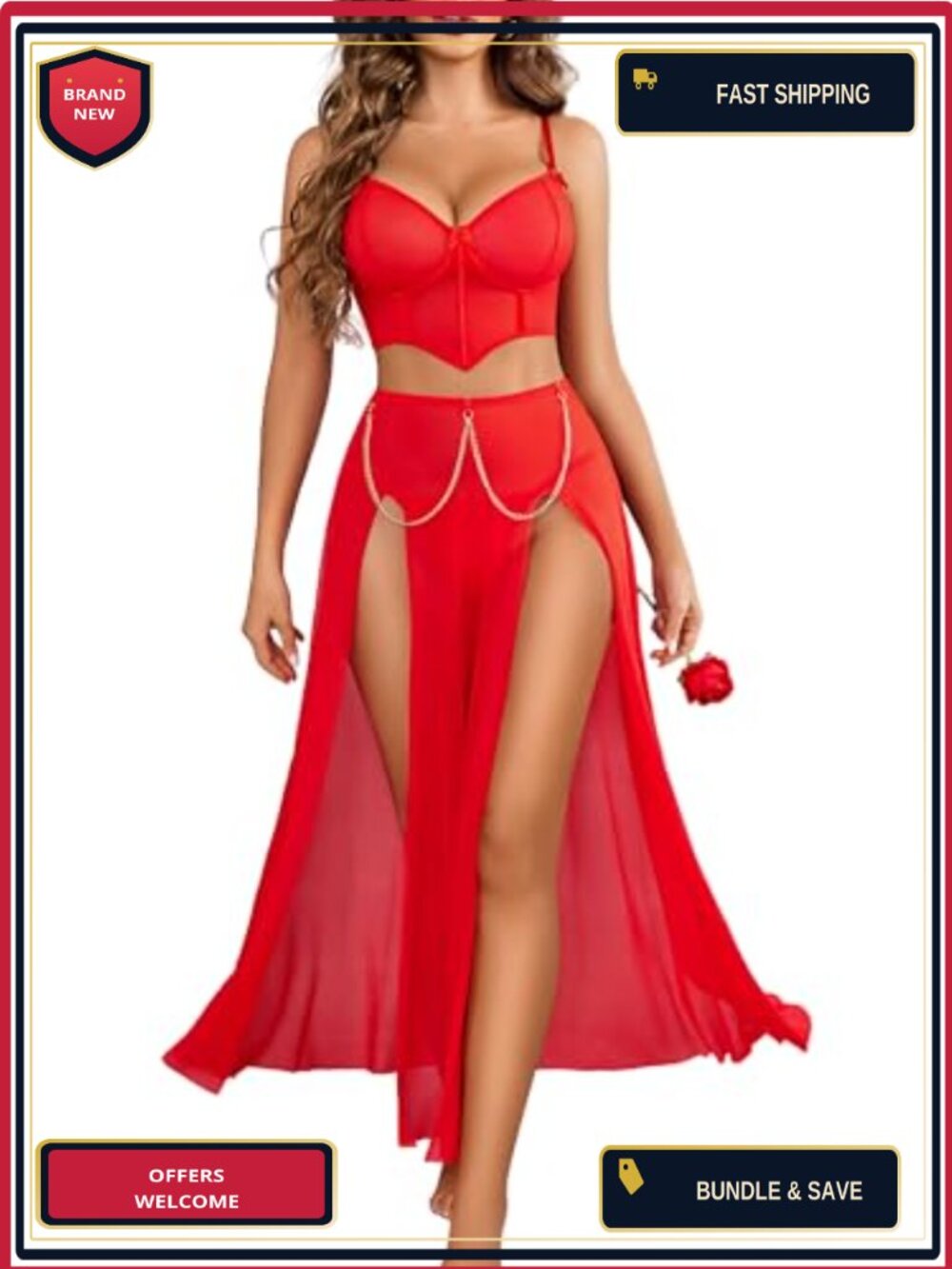 Avidlove Lingerie Babydoll Chemise 3 Piece Set Mesh Split Nightgown